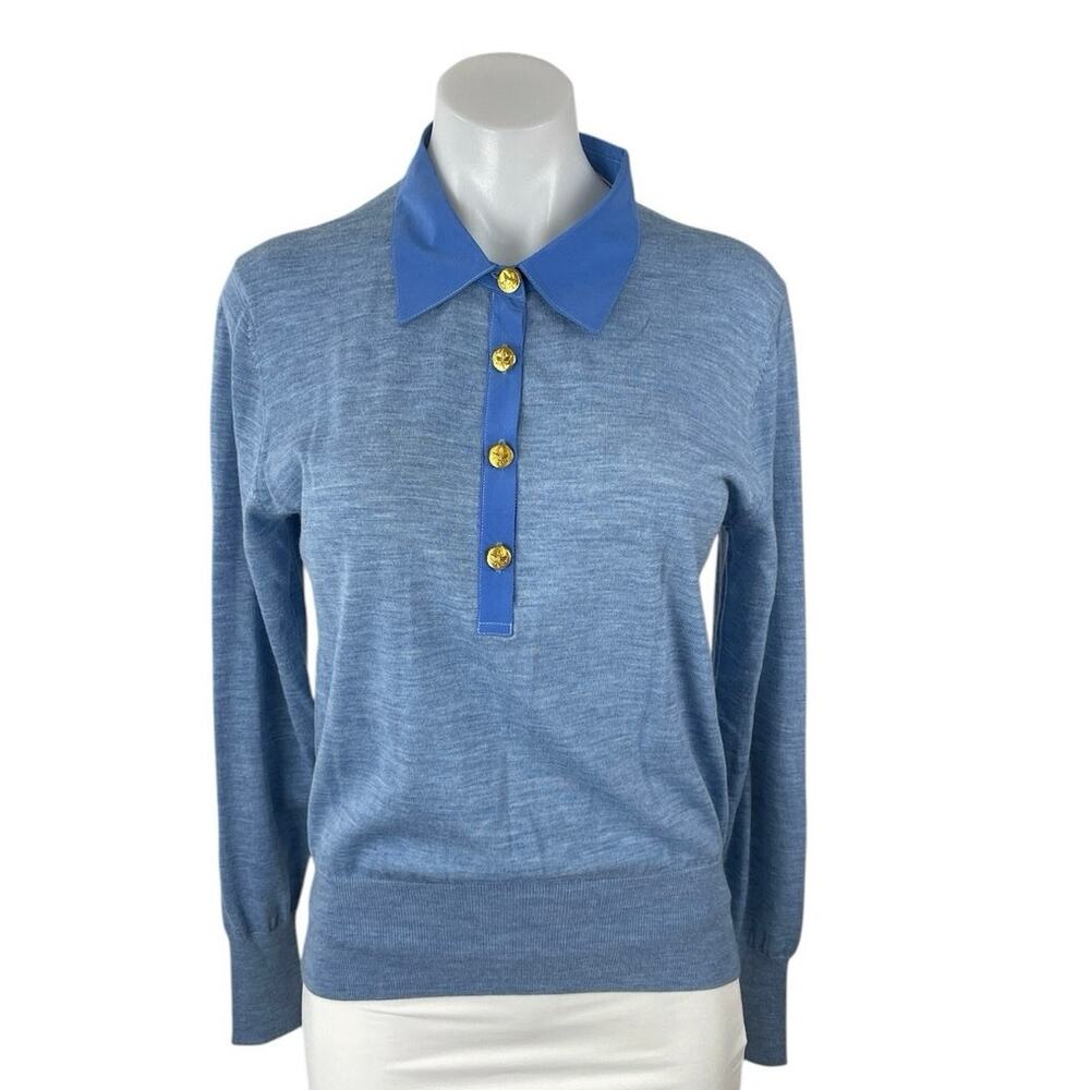 Boast Women's Blue Knit Long Sleeve Button Front Collar Polo Sweater Top Size M